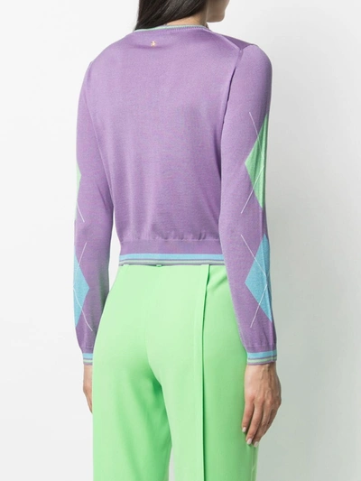 Shop Versace Argyle Intarsia-knit Silk Cardigan In Purple