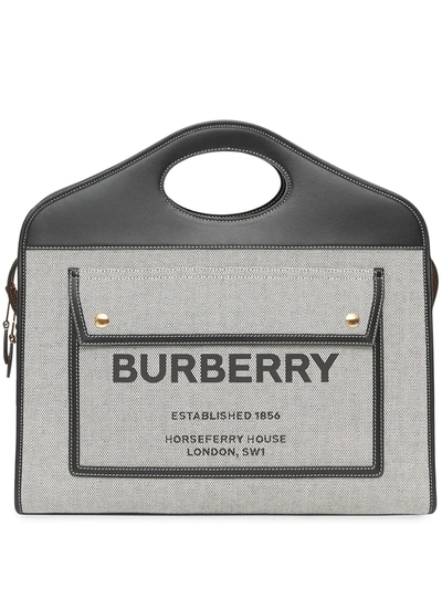 Shop Burberry Medium Canvas Leather Pocket Bag In Black