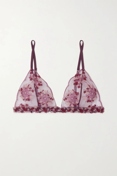 Shop La Perla Flower Explosion Embroidered Stretch-tulle Soft-cup Triangle Bra In Purple