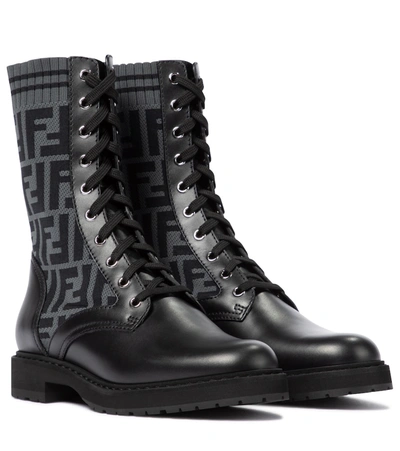 Shop Fendi Rockoko Ff Leather-trimmed Combat Boots In Black