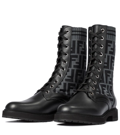 Shop Fendi Rockoko Ff Leather-trimmed Combat Boots In Black