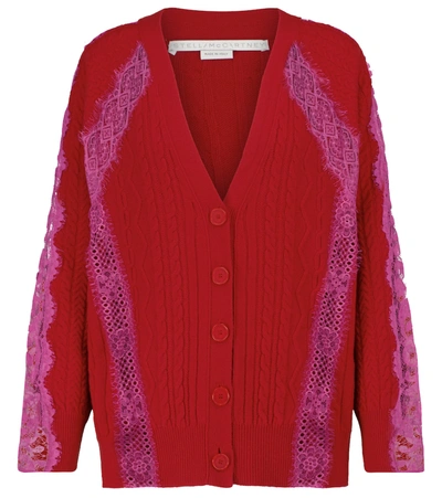 Shop Stella Mccartney Lace-trimmed Wool Cardigan In Red