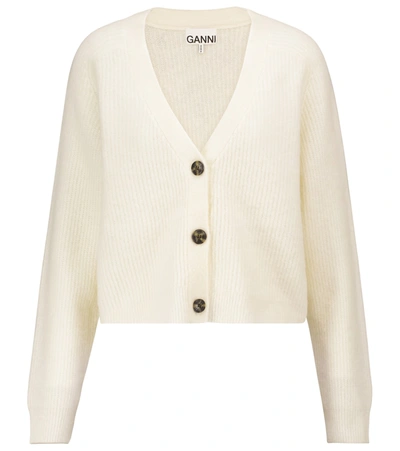 Shop Ganni Cropped Wool-blend Cardigan In White