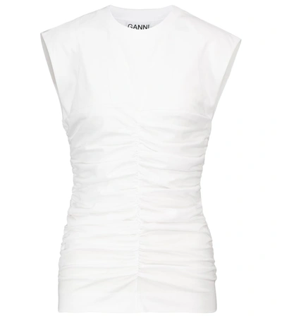 Shop Ganni Gathered Cotton Jersey Top In White