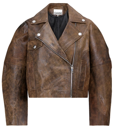 Shop Ganni Cropped Leather Jacket In Brown