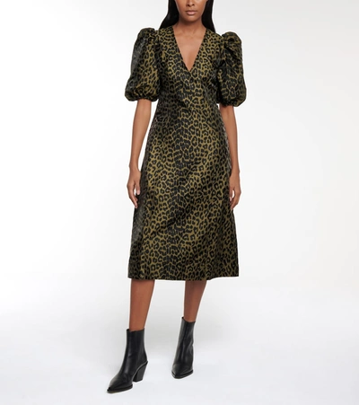 Shop Ganni Leopard-print Jacquard Midi Dress In Green