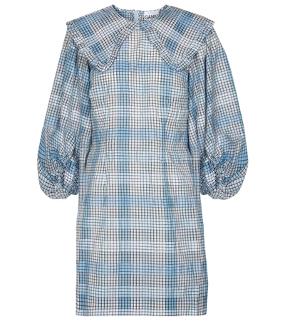 Shop Ganni Checked Cotton-blend Minidress In Blue