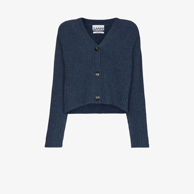 Shop Ganni Ribbed Knit Recycled Wool Cardigan In Blue