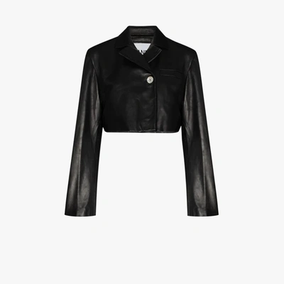Shop Ganni Cropped Leather Jacket In Black