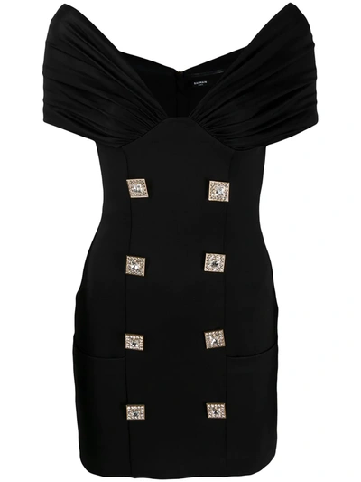 Shop Balmain Off-the-shoulder Mini Dress In Black
