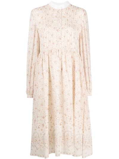 Shop Chloé Floral Print Silk Shirt Dress In Neutrals