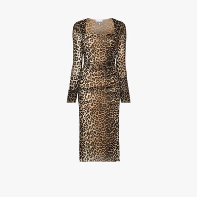Shop Ganni Leopard Print Ruched Midi Dress In Brown