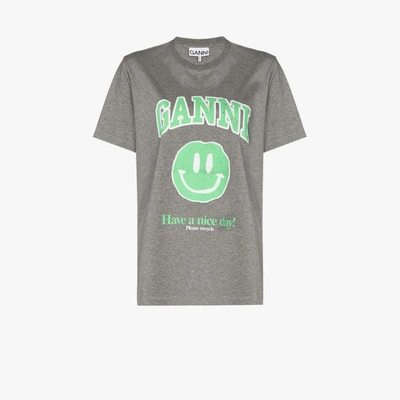 Shop Ganni Grey Smiley Logo T-shirt