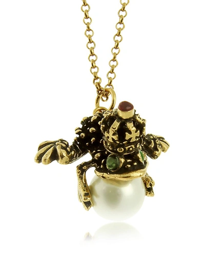 Shop Alcozer & J Designer Necklaces Glass Pearl, Brass And Emerald Frog Pendant Necklace In Vert