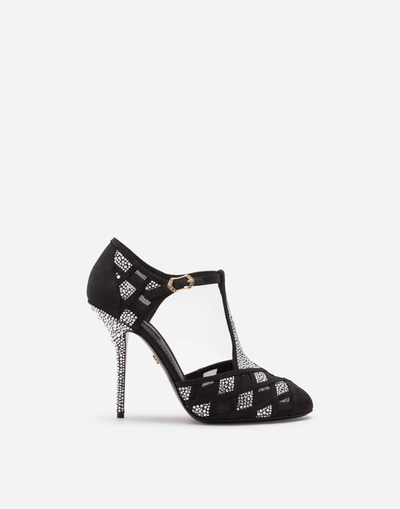Shop Dolce & Gabbana Mesh T-strap Shoes With Fusible Rhinestones