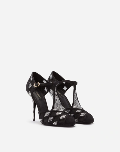 Shop Dolce & Gabbana Mesh T-strap Shoes With Fusible Rhinestones