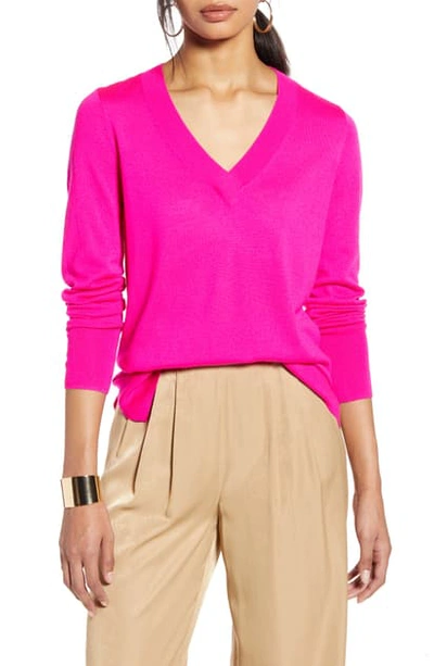 Shop Halogenr Halogen V-neck Merino Wool Blend Sweater In Magenta Neon