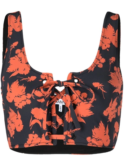 Shop Ganni Printed Bikini Top In Orange