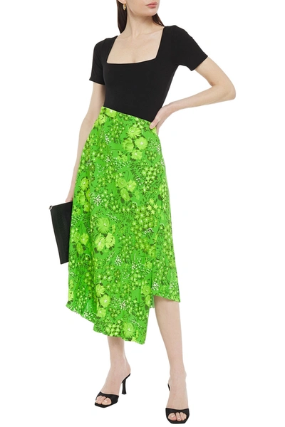 Shop Balenciaga Asymmetric Pleated Floral-print Crepe Skirt In Bright Green