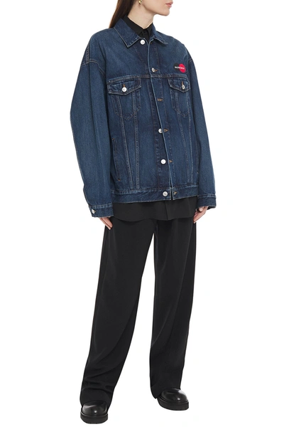 Shop Balenciaga Uniform Oversized Embroidered Faded Denim Jacket In Mid Denim