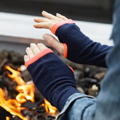 Cove Women's Blue Cashmere Wrist Warmers Navy & Neon Orange