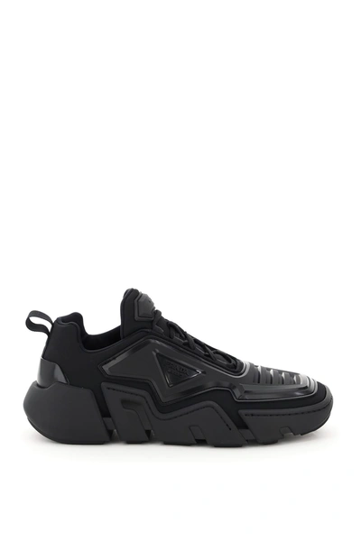 Shop Prada Segment Sneakers With Rubber Logo In Nero (black)