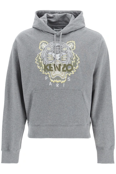Shop Kenzo Hoodie With Tiger Embroidery In Dove Grey (grey)