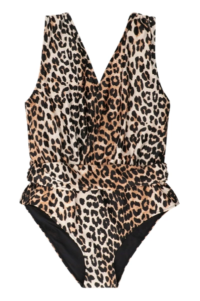 Shop Ganni Leopard Print One-piece Swimsuit In Animalier