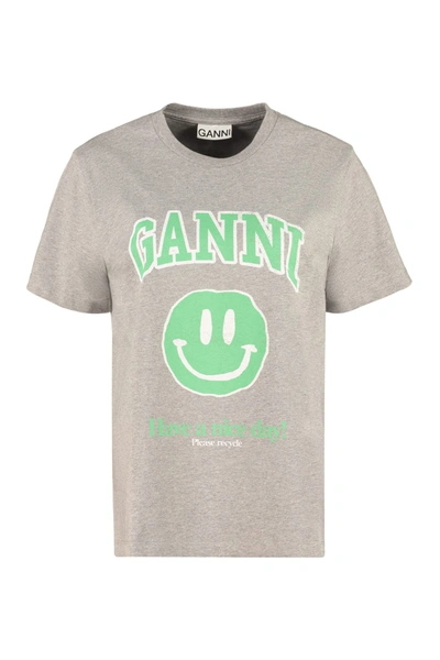 Shop Ganni Smiley Cotton T-shirt In Grey