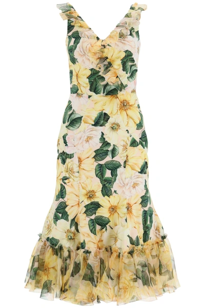 Shop Dolce & Gabbana Camelie Print Midi Dress In Camelie Bca F Rosa (yellow)