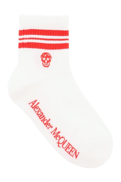 Shop Alexander Mcqueen Stripe Skull Sport Socks In White Red