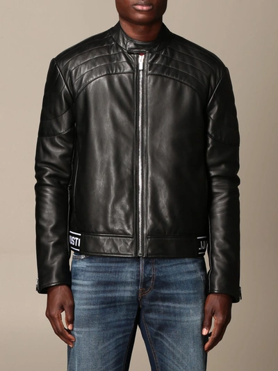 Shop Just Cavalli Leather Jacket With Logo In Black