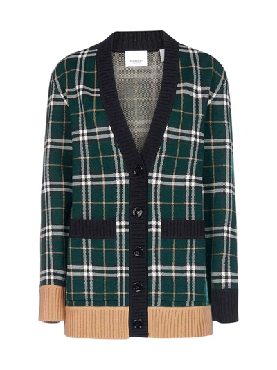 Shop Burberry Check-motif Merino Wool Cardigan In Bottle Green