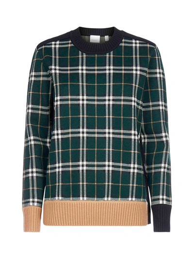 Shop Burberry Check-motif Merino Wool Sweater In Bottle Green
