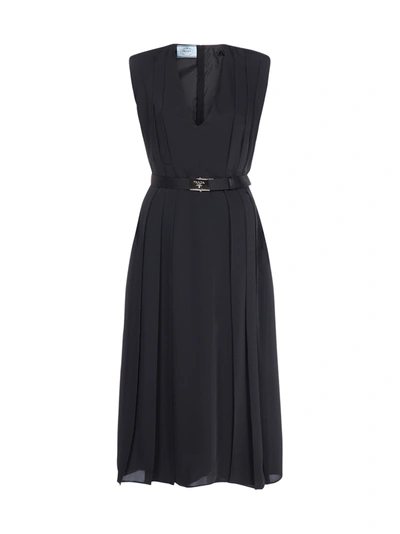 Shop Prada Logo-buckle Belted Ponge Midi Dress In Nero