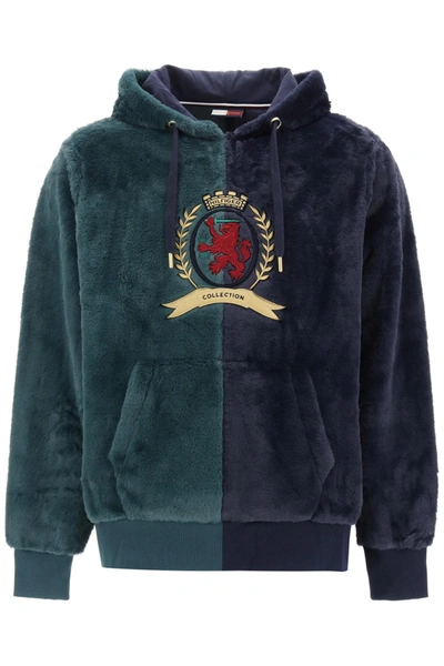 Shop Tommy Hilfiger Two-tone Teddy Hoodie With Thc Embroidery In Hunter Desert Sky (blue)