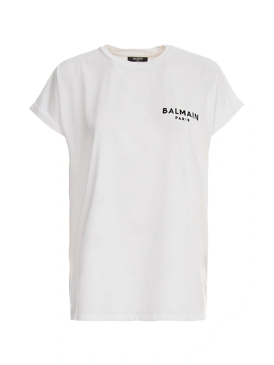 Shop Balmain Ss Flocked Logo Detail T-shirt In Gab Blanc Noir
