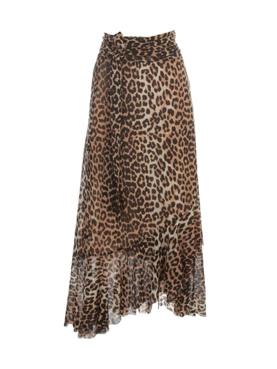 Shop Ganni Printed Mesh Long Straight Skirt In Leopard