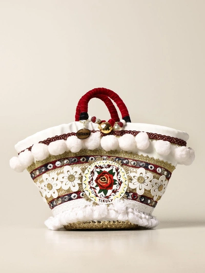 Shop Sikuly Coffa Bag In Lace And Leather With Maxi Pompom And Emblem In Multicolor