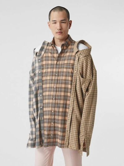 Shop Burberry Contrast Check Cotton Flannel Reconstructed Shirt In Camel