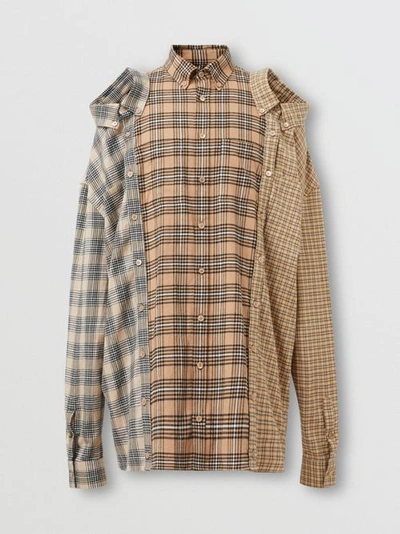 Shop Burberry Contrast Check Cotton Flannel Reconstructed Shirt In Camel