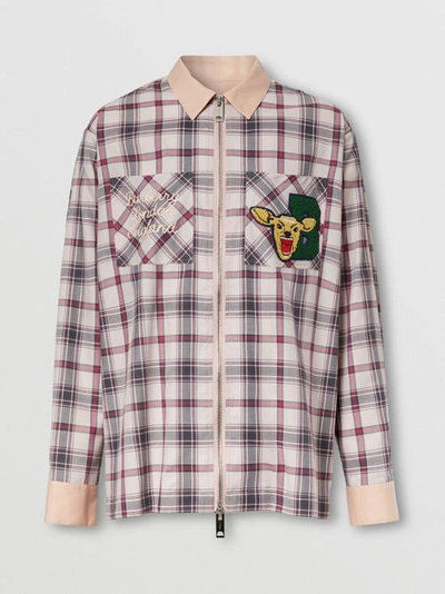 Shop Burberry Varsity Graphic Check Technical Cotton Overshirt In Frosted Pink