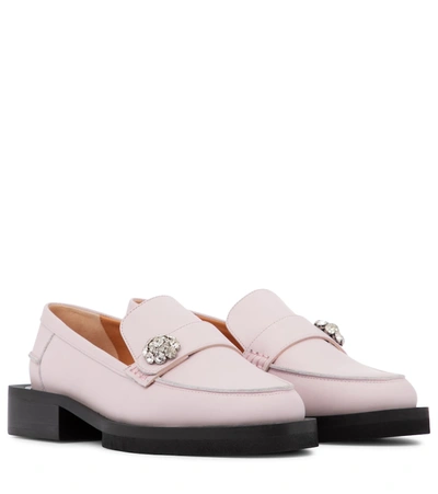 Shop Ganni Embellished Leather Loafers In Pink