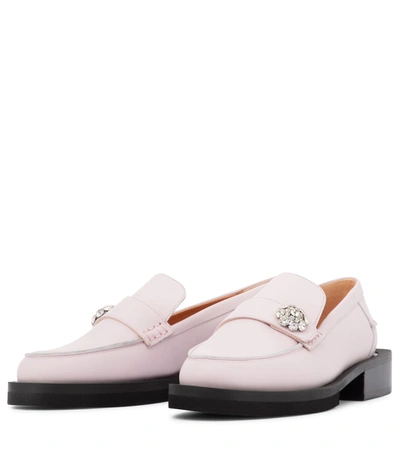 Shop Ganni Embellished Leather Loafers In Pink