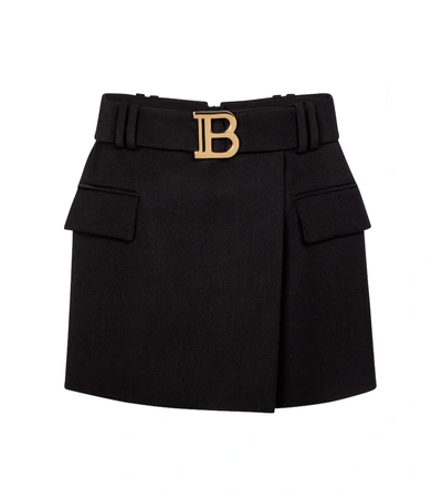 Shop Balmain Belted Low-rise Wool Miniskirt In Black