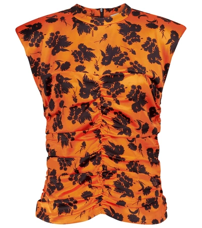 Shop Ganni Floral Stretch-silk Satin Top In Orange