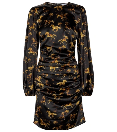 Shop Ganni Printed Silk Satin Minidress In Black