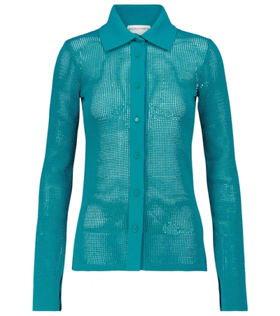 Shop Bottega Veneta Cotton-blend Mesh Cardigan In Blue