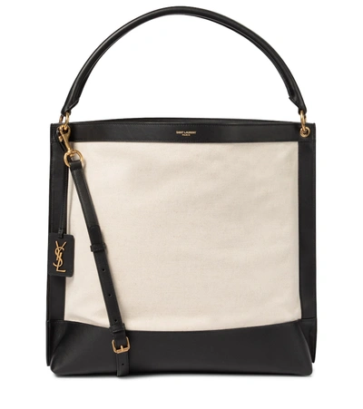 Shop Saint Laurent Tag Leather-trimmed Canvas Tote In White