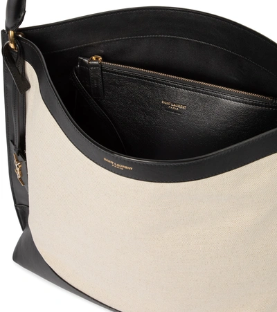 Shop Saint Laurent Tag Leather-trimmed Canvas Tote In White